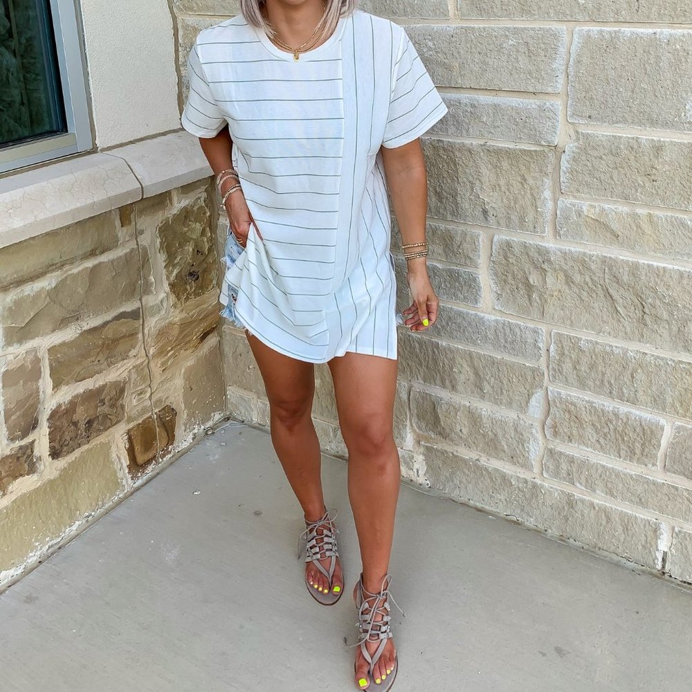 White and Green Striped Tunic Length Tee - Size Small, Medium, Large